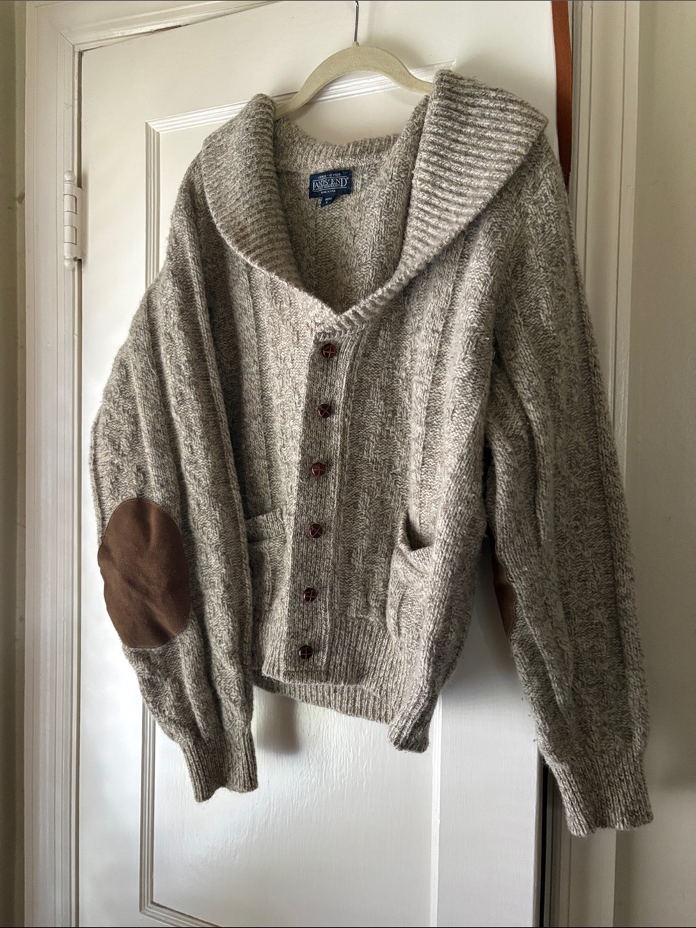 Lands End Shawl Collar Knit Cardigan - Light Gray with Brown Elbow Patches